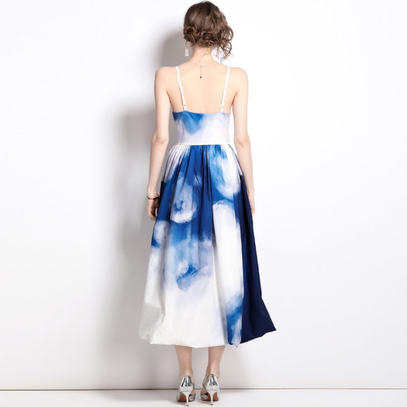 Blackpink Jisoo Inspired Blue Tie-Dye Printed Long Dress