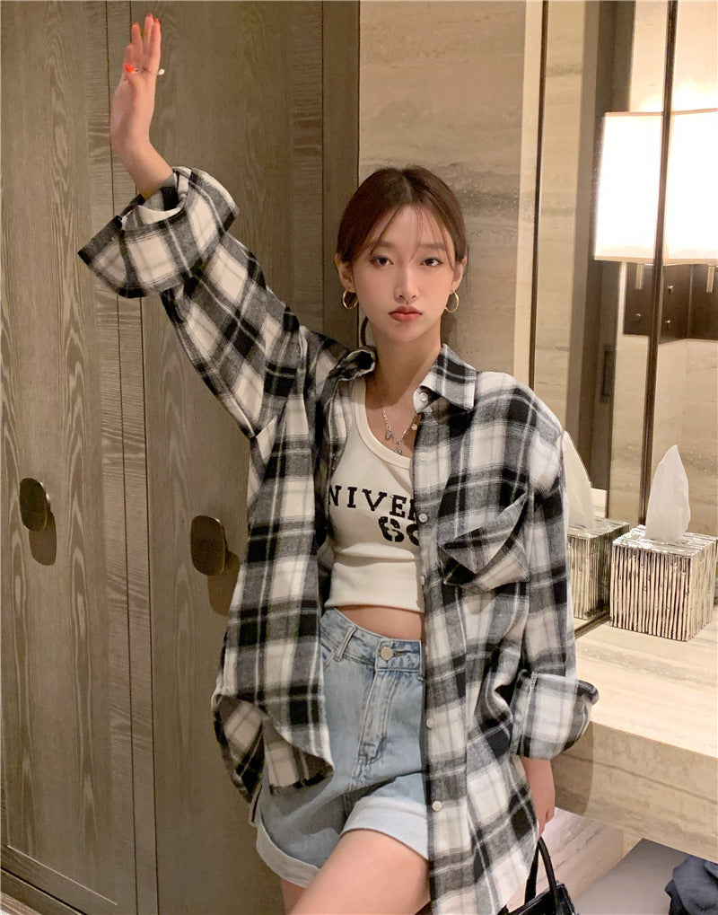 TXT Taehyun Inspired Black And White Plaid Long-Sleeved