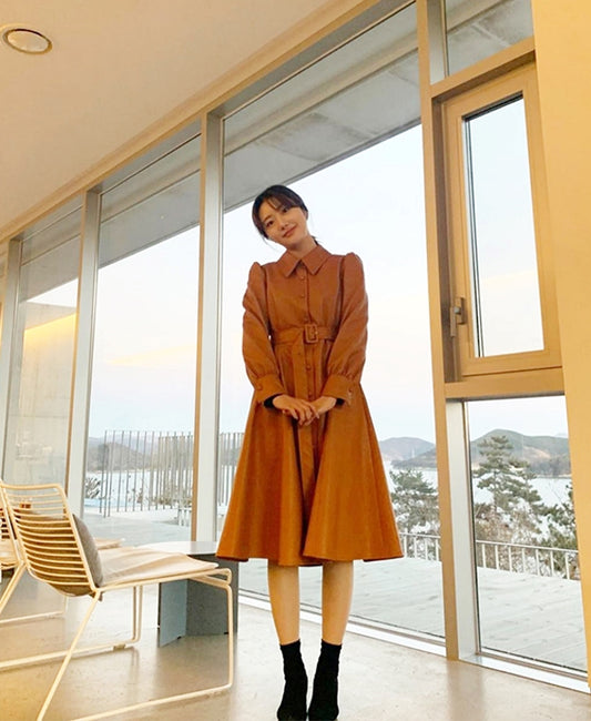 Penthouse Joo Seok Kyung Inspired Orange Puff Sleeves Leather Dress