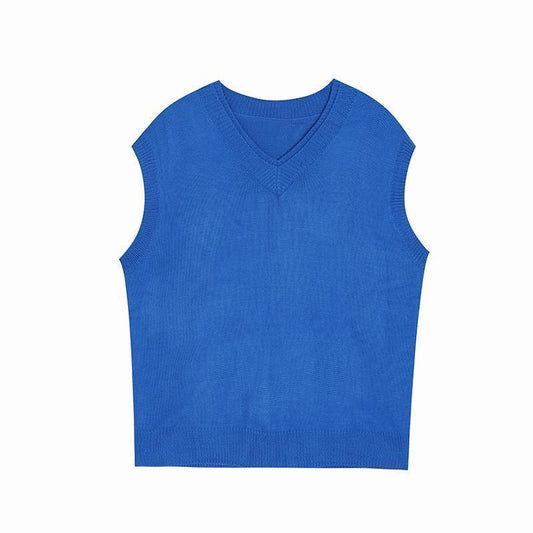 Blue Oversized V-Neck Knitted Vest