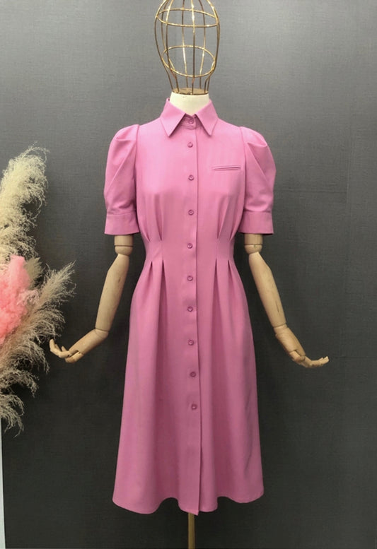 Hometown Cha-Cha-Cha Yoon Hye Jin Inspired Pink Puffed Sleeves Midi Dress