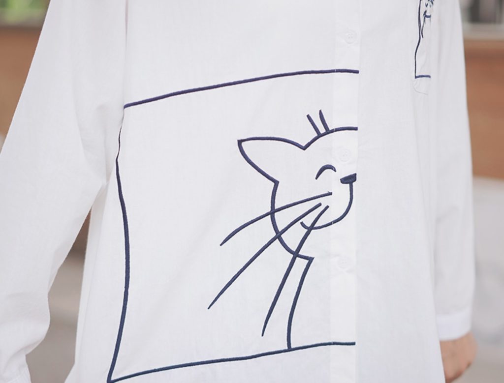 Playful Cat White Long Sleeve Shirt
