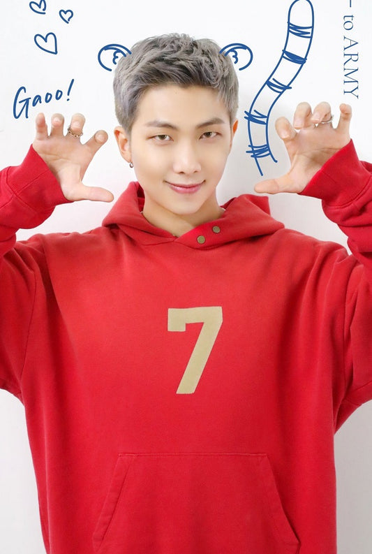 BTS RM Inspired Red Hoodie Pullover With Print Number 7