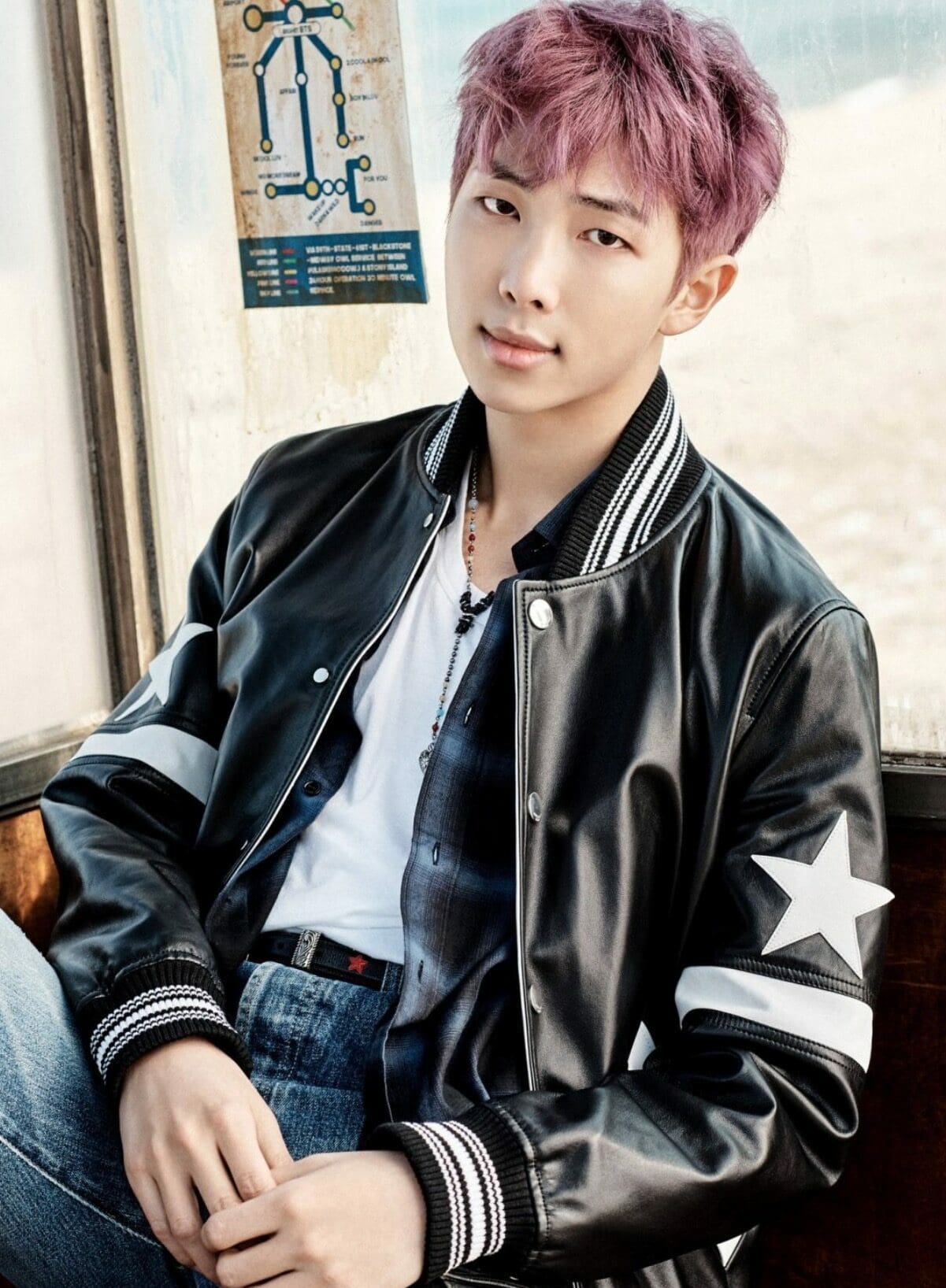 BTS RM-Inspired Black Leather Jacket with White Accent