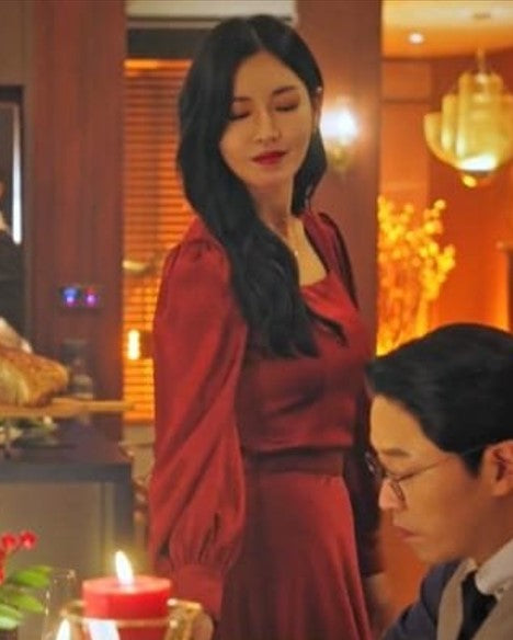 Penthouse Cheon Seo Jin Inspired Red Square Neckline Long Sleeves Dress