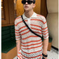 Red Striped Knit Polo Shirt