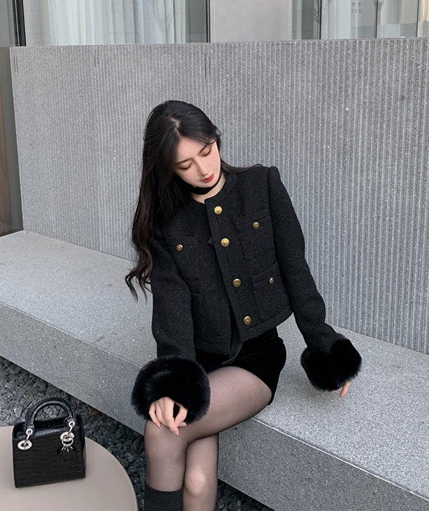 Blackpink Rose Inspired Black Tweed Jacket With Fur Cuffs