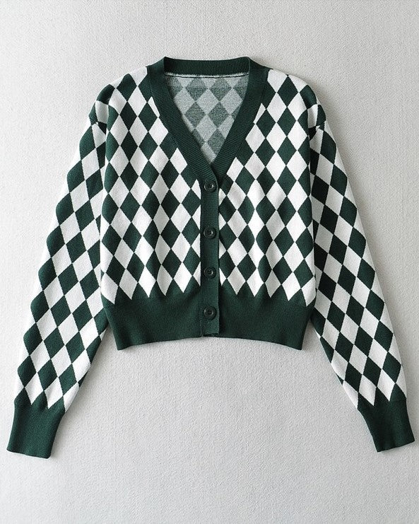 Blackpink Rose Inspired Green Diamond Checkered Pattern Cardigan