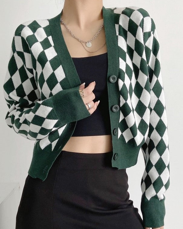 Blackpink Rose Inspired Green Diamond Checkered Pattern Cardigan