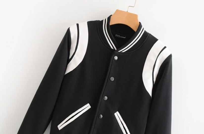Blackpink Rose-Inspired White Lined Black Baseball Jacket