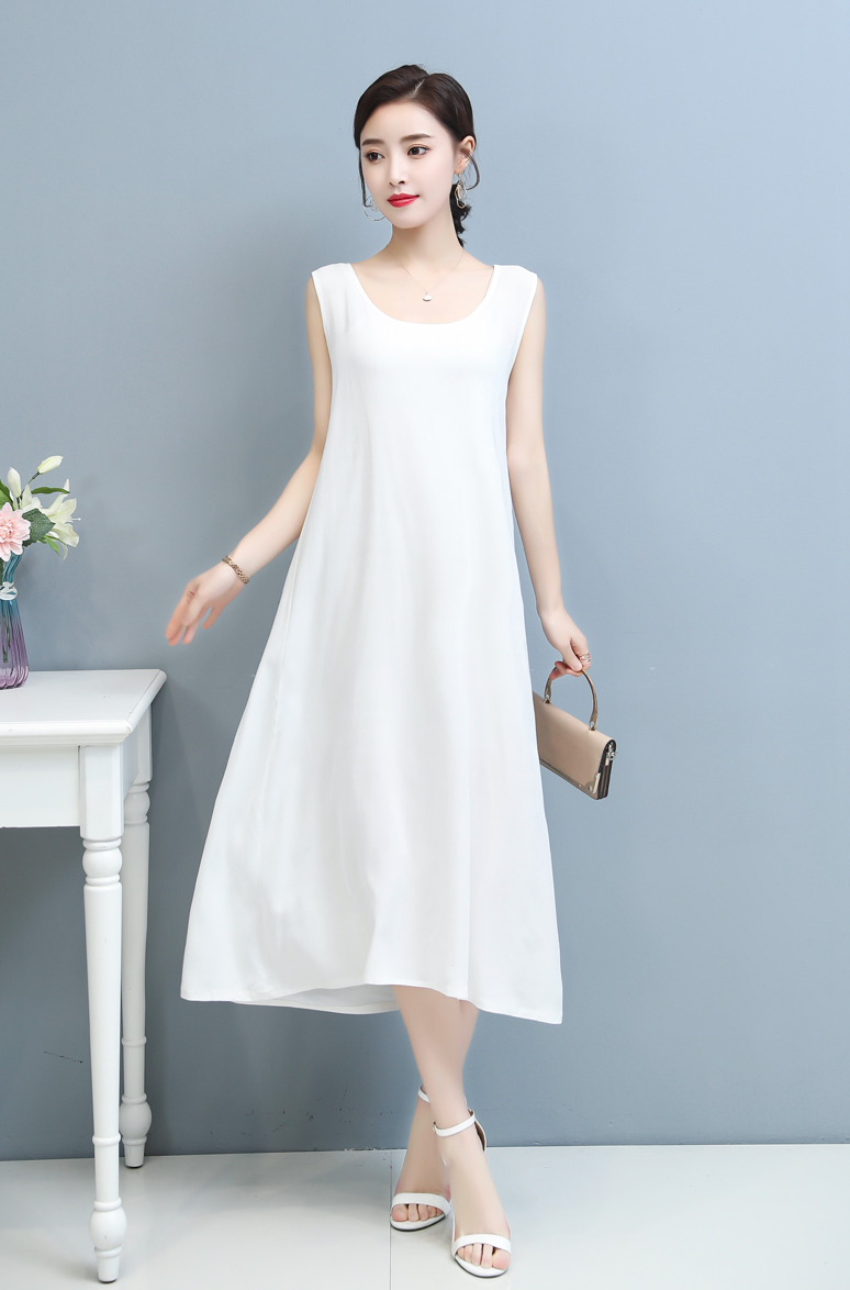 White Cotton Silk Long Dress