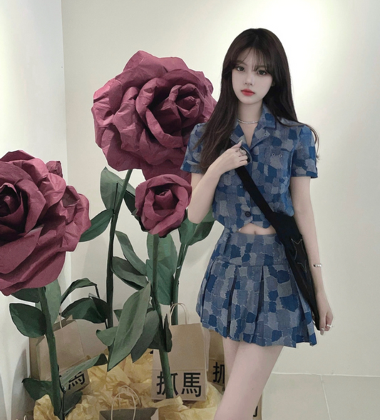 Blackpink Rose Inspired Blue Checkered Skirt