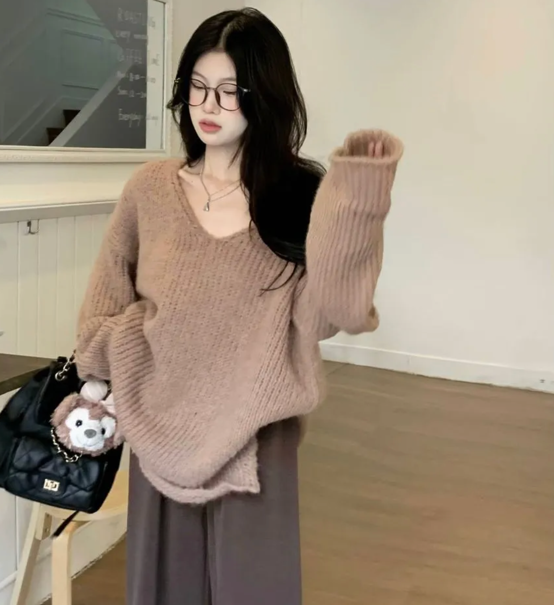 Mocha Long-Sleeve V-Neck Plain Sweater