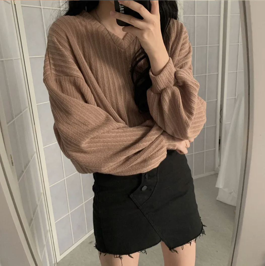Brown Loose-Fit Ribbed Knit Sweater