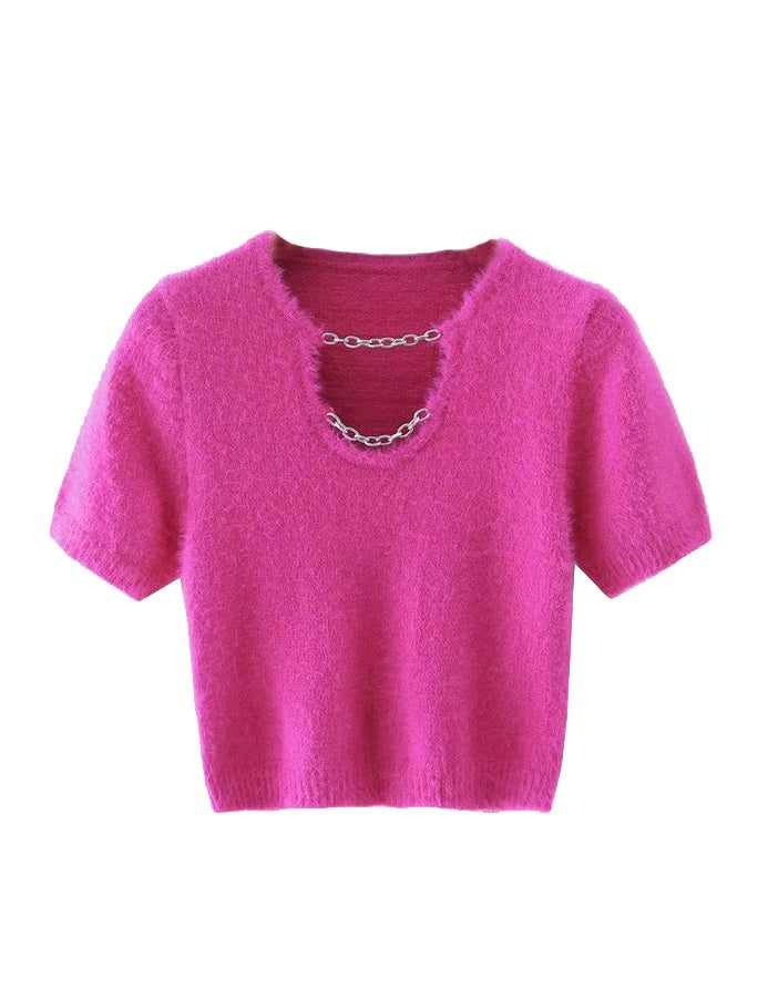 Red Velvet Seulgi-Inspired Pink Fluffy Chained Cropped Top