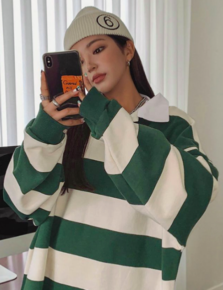 Stray Kids Seung Min Inspired Green Retro Stripe Long Sleeve Polo Shirt