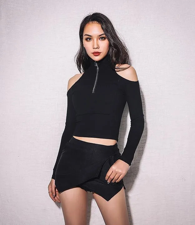 Black Short Sweater with Cut-out Shoulders