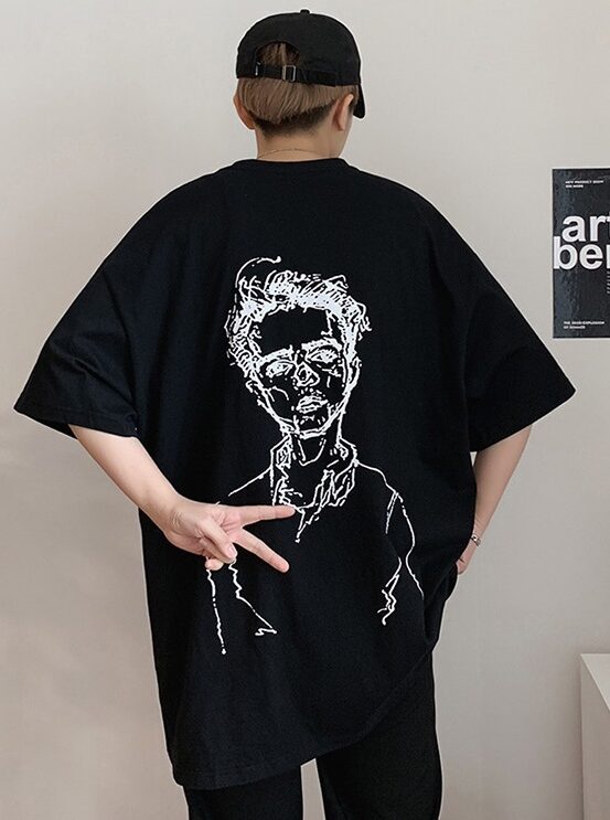BTS Taehyung Inspired Black Oversized T-Shirt With Man Sketch Print