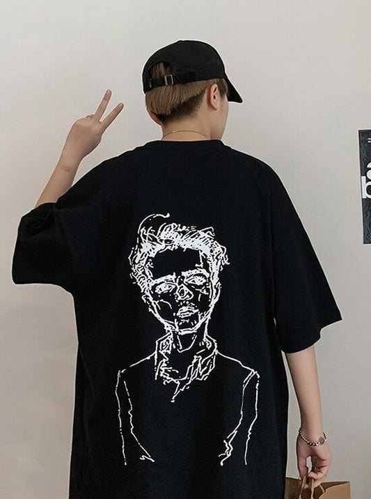BTS Taehyung Inspired Black Oversized T-Shirt With Man Sketch Print