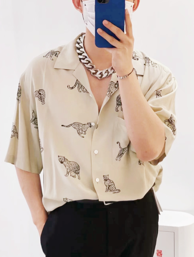 NCT127 Taeyong Inspired Beige Leopard Printed Shirt