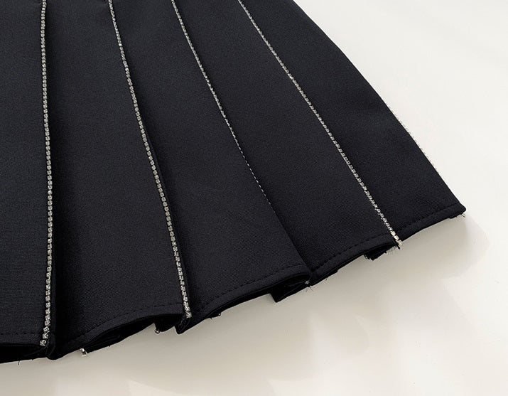 TWICE Tzuyu-Inspired Black Pleated Rhinestone Skirt