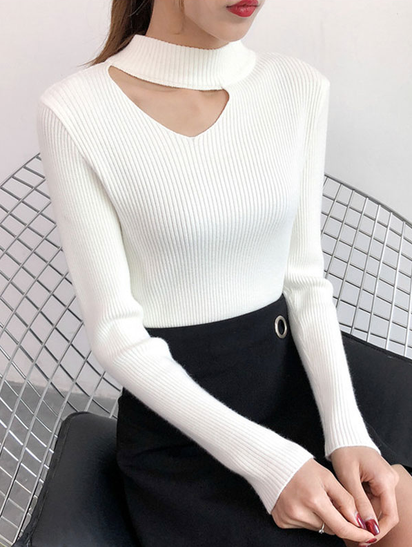 TWICE Tzuyu-Inspired White Collarbone Cut Ribbed Sweater