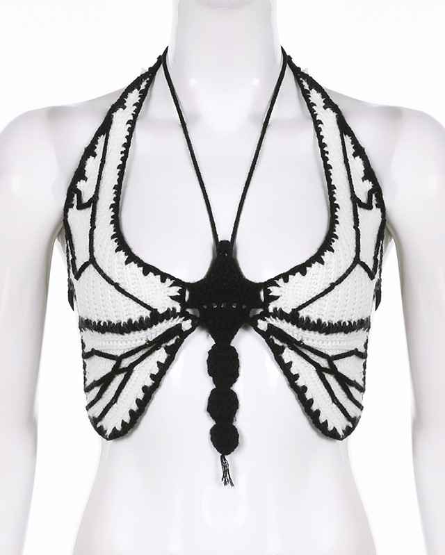 aespa Ningning Inspired White Crocheted Butterfly Crop Top