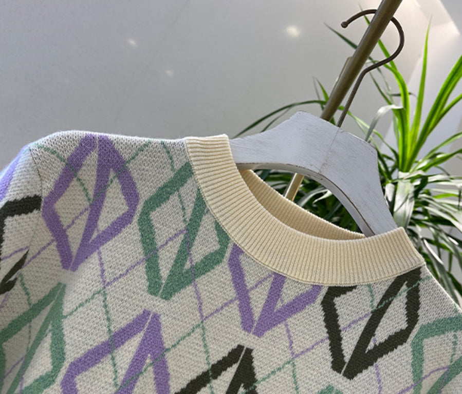 BTS Suga Inspired White Diamond Pattern Sweater