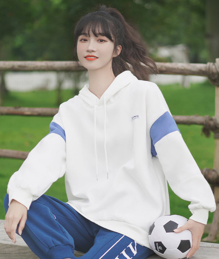 White Hoodie With Blue Color Block On Sleeves