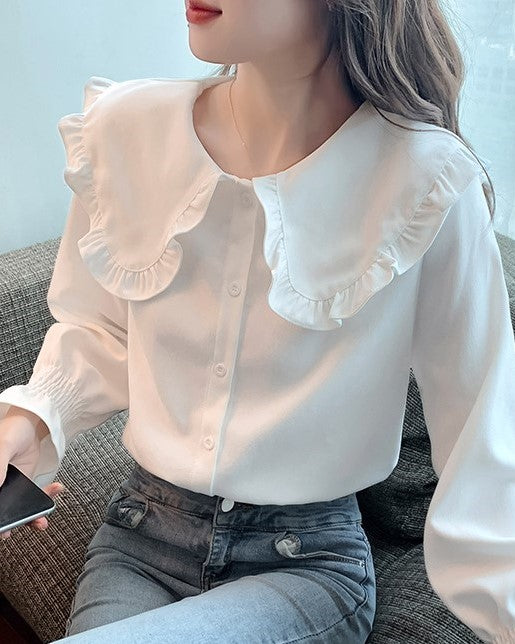 Our Beloved Summer Kook Yeon Su Inspired White Ruffled Doll Collar Button-Up Blouse