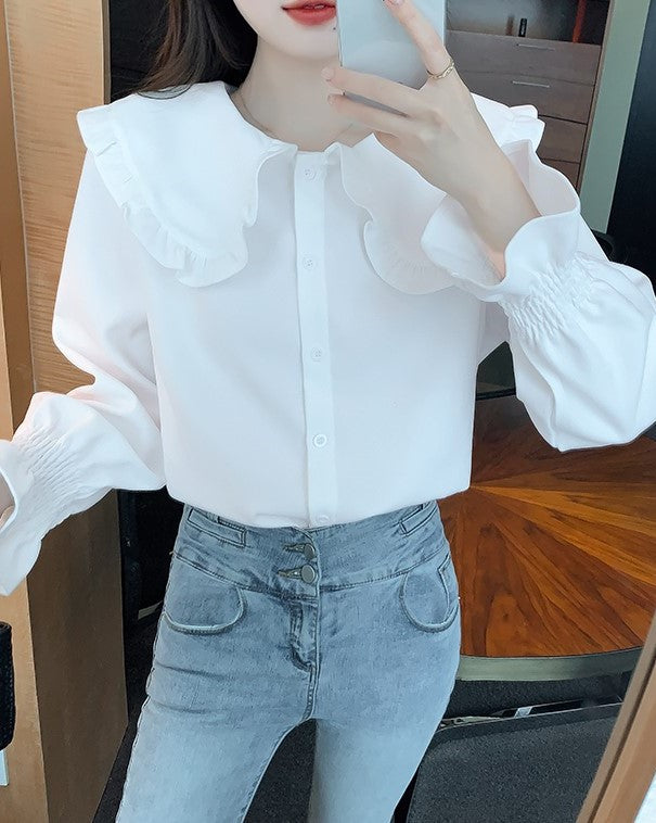 Our Beloved Summer Kook Yeon Su Inspired White Ruffled Doll Collar Button-Up Blouse