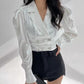 IU Inspired White Satin Double Breasted Suit Top