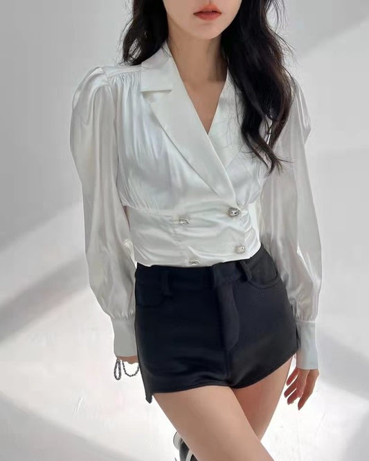 IU Inspired White Satin Double Breasted Suit Top