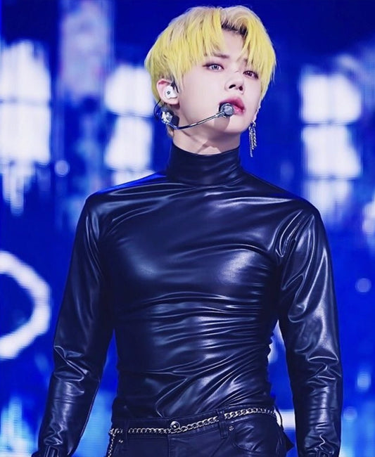 TXT Yeonjun Inspired Black Leather Turtle Neck Top