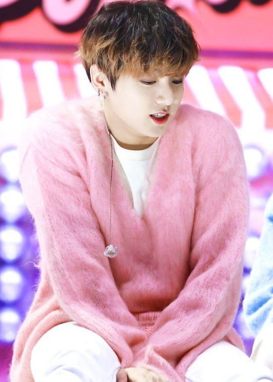 BTS Jungkook Inspired Pink Wool V-Neck Sweater Top