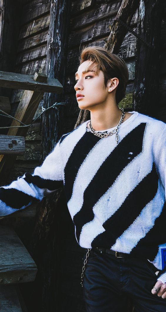 Stray Kids Bang Chan Inspired Striped Black And White Ripped Knitted Sweater