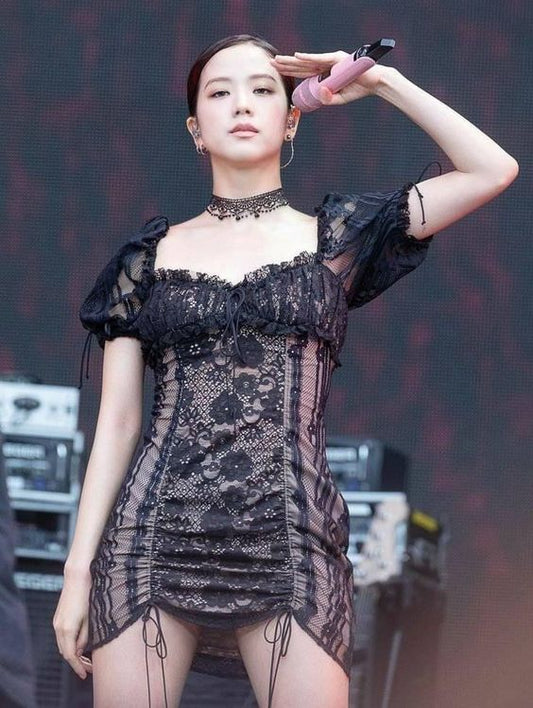 Blackpink Jisoo Inspired Drawstring Ruffled Flesh-Covering Lace Dress