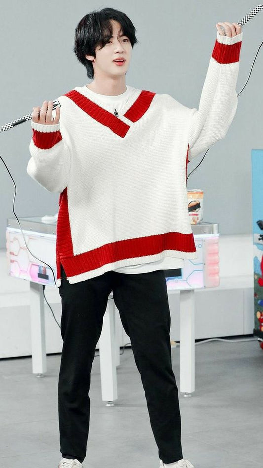 BTS Jin Inspired V-Neck Knitted Pullover Contrast Color