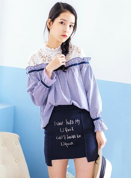 Red Velvet Irene Inspired Blue Striped Blouse with Lace