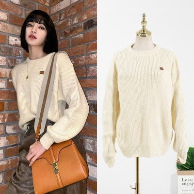 Blackpink Lisa Inspired Round Neck Pullover Lantern Sleeve Loose Knitted Sweater