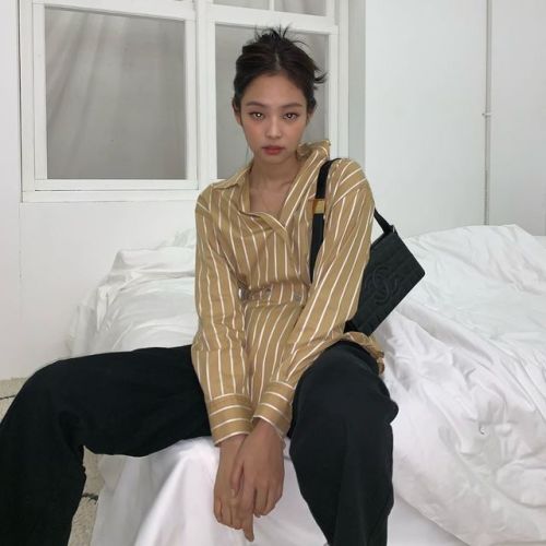 Blackpink Jennie-Inspired Vertical Striped Nude Color  Casual Long Sleeve